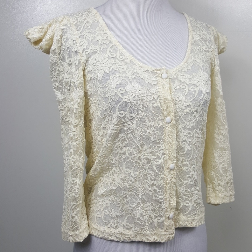 NWOT Vintage Lace Button Down Puffy Shoulder Top - Picture 1 of 8